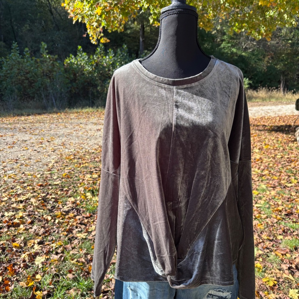 Ellen Tracy velour velvet silver Gray Twist Front‎ Top oversized shimmer XL
